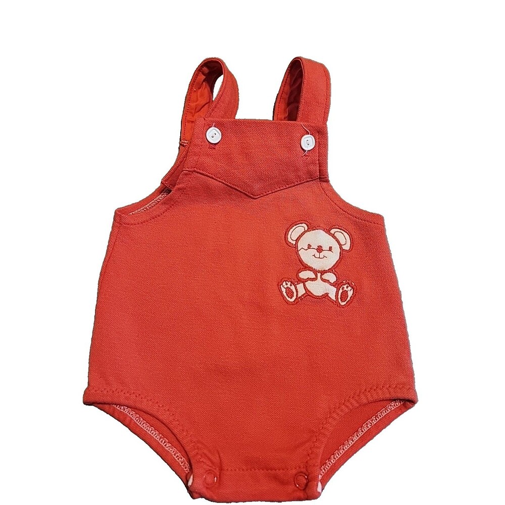 Vtg Carters Overall Shorts Romper 9 Month Teddy Bear Red White